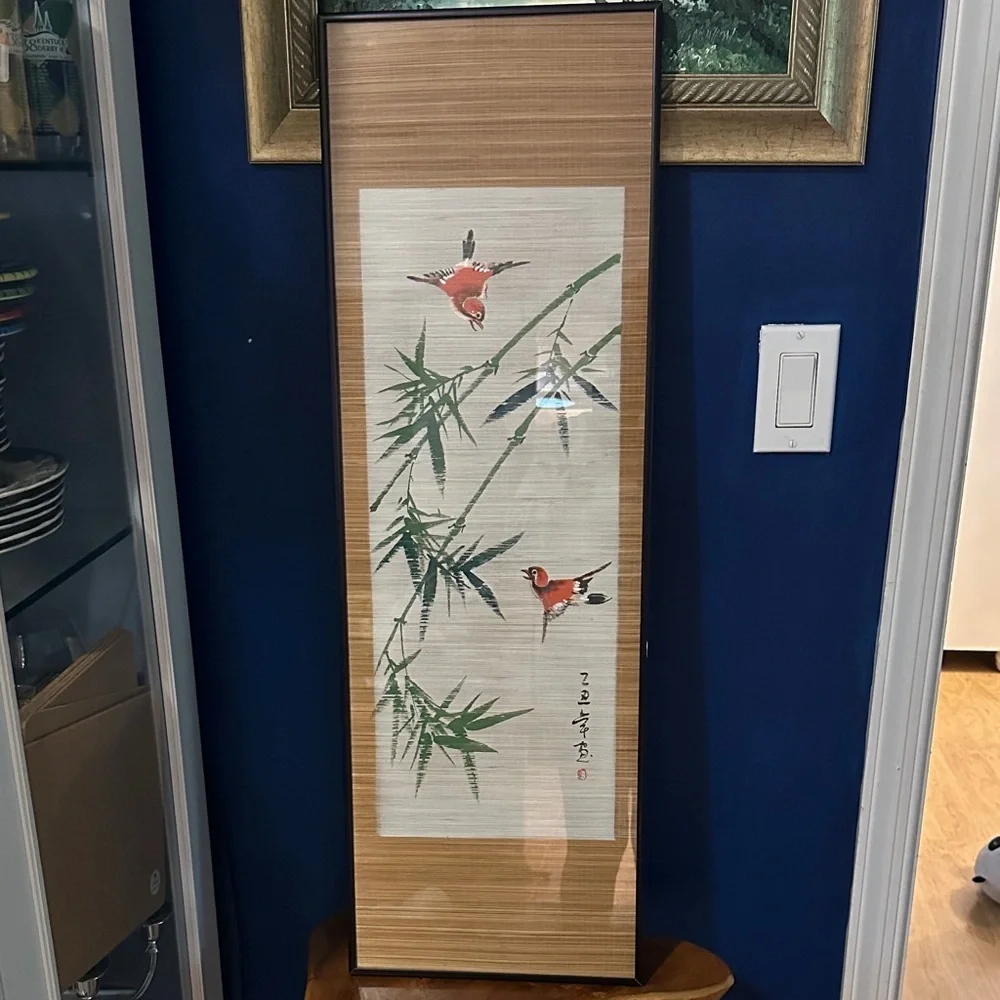 Vintage Framed Chinese Hand Painted Watercolor Bamboo & Birds Scroll Art